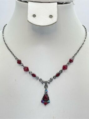 1928 Gunmetal Red Crystal Drop Necklace Gothic Vintage Style